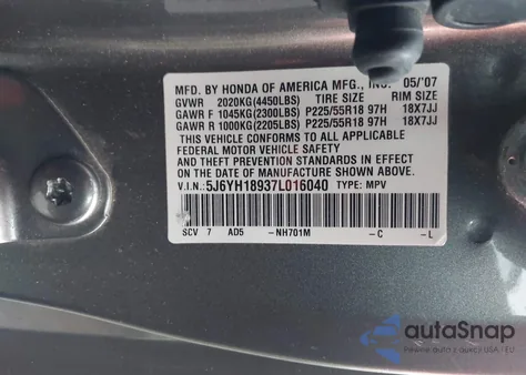 2007 Honda Element Sc z USA, uszkodzony, nr VIN 5J6YH18937L016040